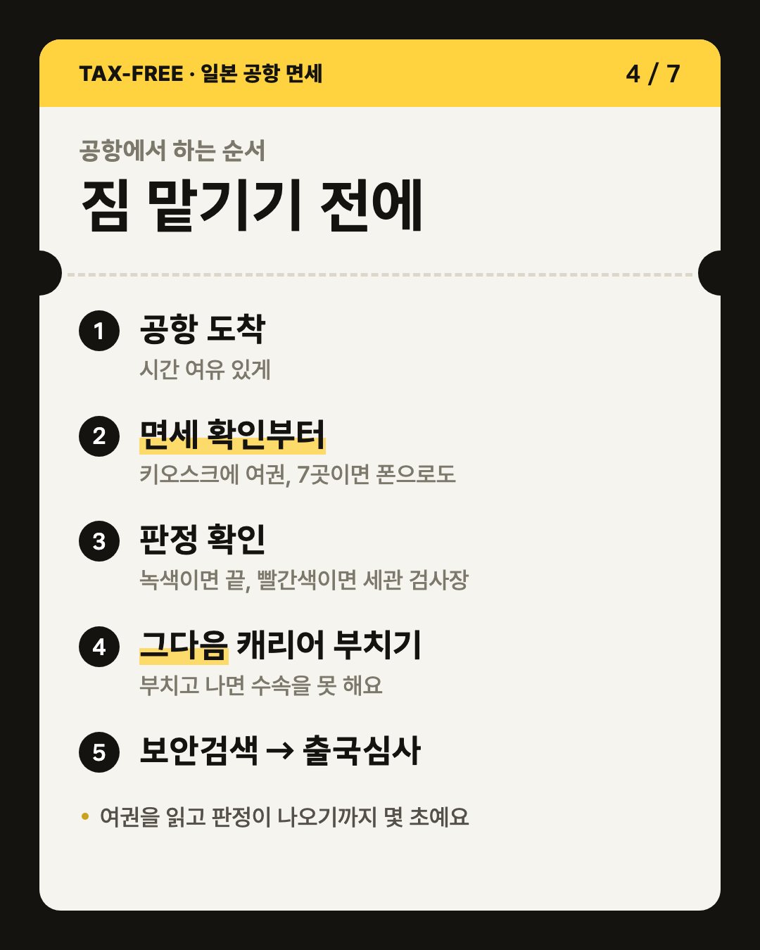 카드 4/7 공항에서 하는 순서: 도착, 면세 확인, 판정 확인, 캐리어 부치기, 보안검색·출국심사